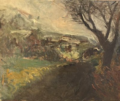 une image représentant un tableau représentant un paysage avec un arbre au premier plan