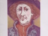portrait of a man in a purple hat and red shirt