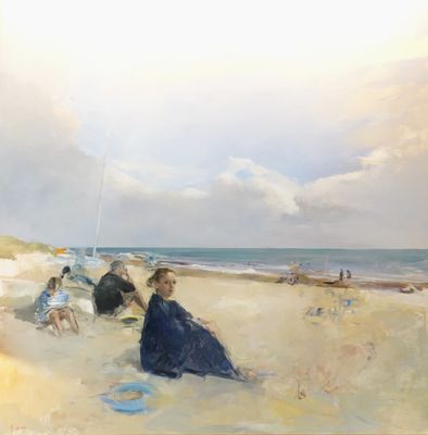 un tableau représentant une femme assise sur la plage