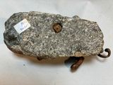 a rock with a tag on it sitting on top of a table