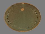 a green plate with a gold rim on a gray background