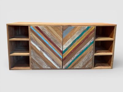 BUFFET en bois clair avec deux portes à motifs chevrons colorés et éta - Photo 1