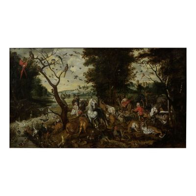 une image représentant un tableau où l'on voit un groupe d'animaux dans une zone boisée