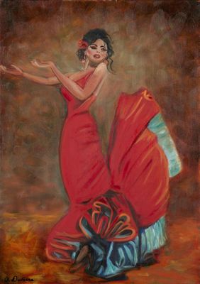 un tableau représentant une femme en robe rouge tenant un éventail