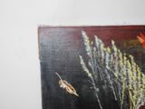 a picture of a painting of a bird flying over a plant