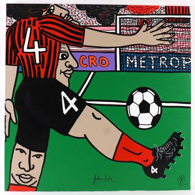 painting of a soccer player kicking a soccer ball on a field