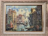 a picture of a painting of a canal with boats in it