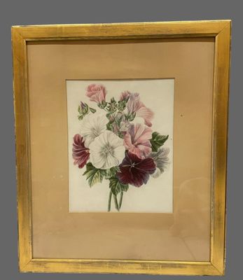 painting of a bouquet of pink and white flowers in a gold frame