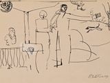 une image représentant un dessin d'un homme debout dans un salon