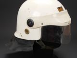 a close up of a helmet on a mannequin head