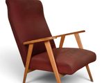 an image of a red chair with a wooden frame on a white background