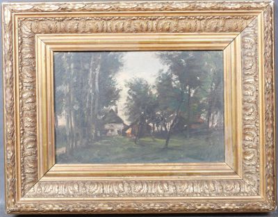 une image représentant un tableau représentant un paysage avec des arbres et une maison en arrière-plan