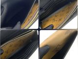 four different shots of a black purse with a gold star on the inside