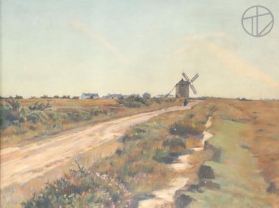 painting of a windmill in a field with a dirt road in the foreground