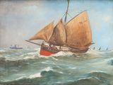 painting of a sailboat in rough water with other boats in the background