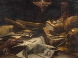 a painting of a still life with books and other objects