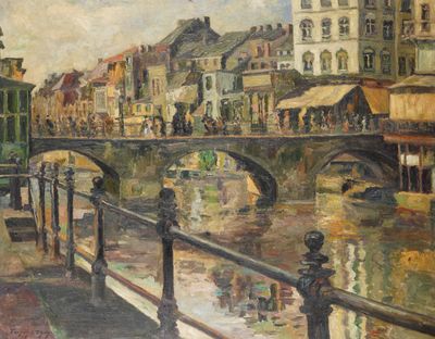 un tableau représentant un pont enjambant une rivière dans une ville