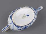 a small blue and white tea pot with a handle
