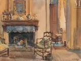 un tableau représentant un salon avec une cheminée