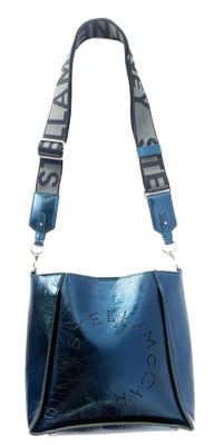 blue leather shoulder bag with strap and name on it