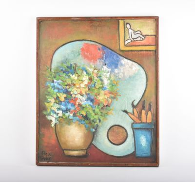 une peinture représentant un vase de fleurs sur une table