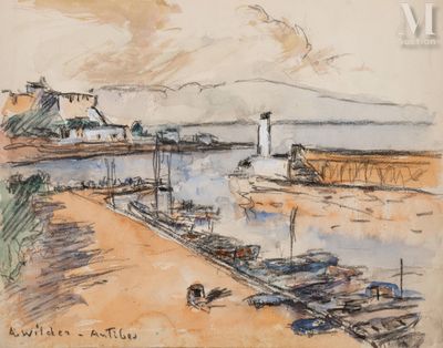 dessin représentant une vue d'un port avec des bateaux et un phare