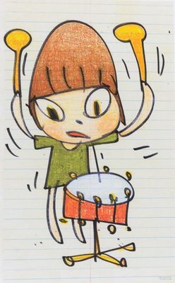 drawing of a girl playing a drum with a pair of drums