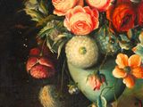 a painting of flowers in a vase on a table
