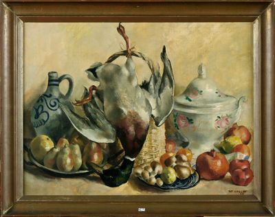 Huile sur toile "Nature morte au canard et aux fruits". Sign…
