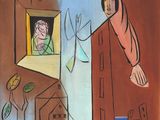 an image of a painting of a woman looking out of a window