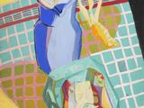 une peinture d'une peinture d'un vase bleu sur une table