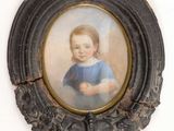 painting of a young girl in a blue dress holding an orange