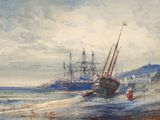 une peinture d'un bateau sur la plage au bord de l'eau