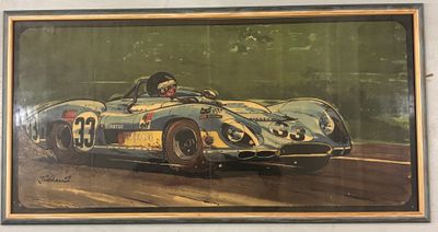 painting of a racing car in a frame on a wall