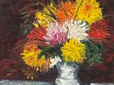 a painting of flowers in a vase on a table