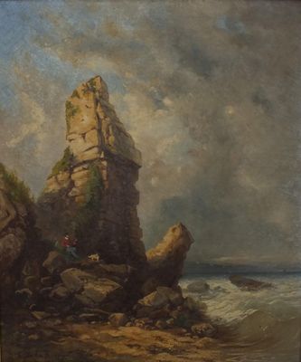 une peinture à l'huile représentant une plage rocheuse avec une personne à cheval