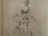 drawing of a woman standing on a pedestal with flowers in her hair
