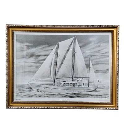 drawing of a sailboat in a gold frame on a white background