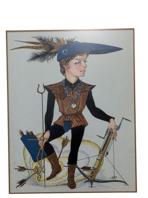 un tableau représentant une femme coiffée d'un chapeau et tenant un fusil