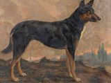 tableau représentant un chien noir et marron debout au milieu d'un champ recouvert d'herbe