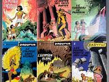 six books of comics are lined up in a row