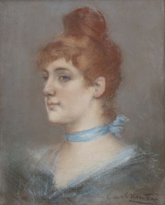portrait of a woman in a blue dress with a blue ribbon