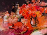 a painting of a vase of flowers and fruit on a table