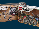 two boxes of lego star wars sets on a blue background
