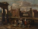painting of a group of people in front of a building