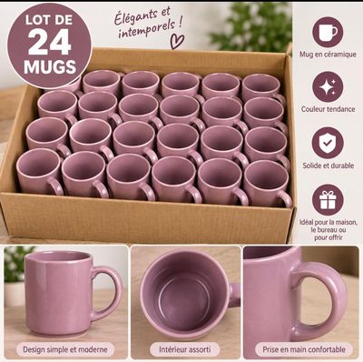 des tasses à café violettes dans une boîte, accompagnées d'instructions pour leur donner l'aspect de la poterie