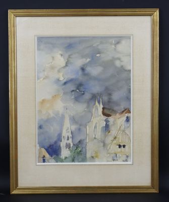une image représentant une aquarelle d'une église avec la lune dans le ciel
