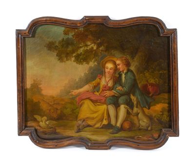 un vieux tableau représentant deux enfants assis sur un banc dans un décor boisé
