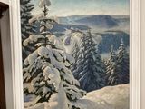 tableau représentant un paysage de montagne enneigé avec des pins au premier plan