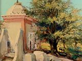 une peinture représentant un bâtiment avec un arbre devant